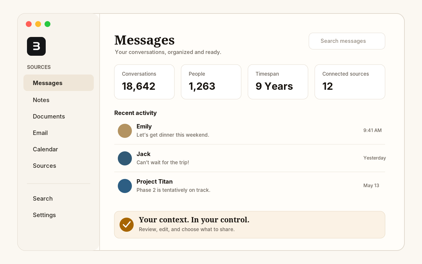 Backstory desktop overview showing message history coverage, recent activity, and context review.